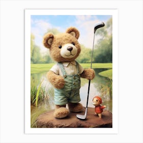 Golf Teddy Bear Painting Watercolour 1 Art Print