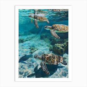 Sea Turtles Underwater Painting Style 5 Art Print