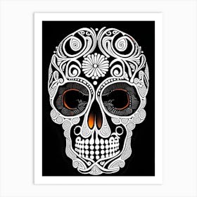 Skull With Intricate Linework Orange Doodle Art Print