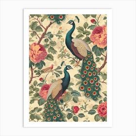 Two Vintage Floral Peacocks 2 Art Print