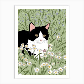 Tuxedo cat chilling on a prairie full of daisies illustration - into the garden Art Print