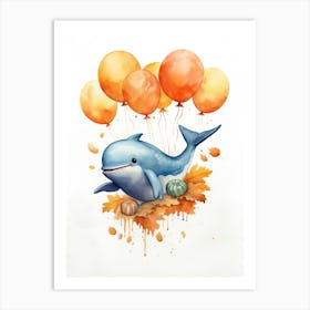 Whale Flying With Autumn Fall Pumpkins And Balloons Watercolour Nursery 2 Art Print