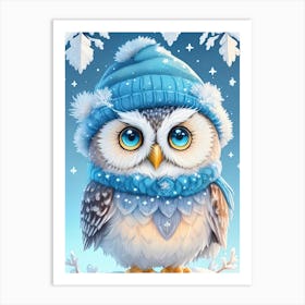 Cute Owl With A Blue Hat Illustration Art Print