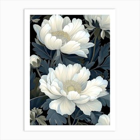 White Peonies On Black Background Art Print