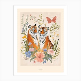 Folksy Floral Animal Drawing Tiger Poster Art Print