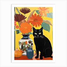 Marigold Flower Vase And A Cat, A Painting In The Style Of Matisse 0 Art Print