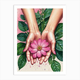 Pink Flower In Hands Art Print