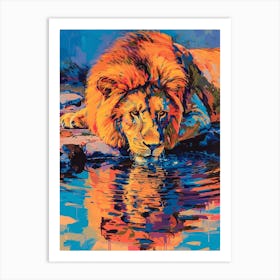 Masai Lion Drinking From A Watering Hole Fauvist Painting 2 Art Print