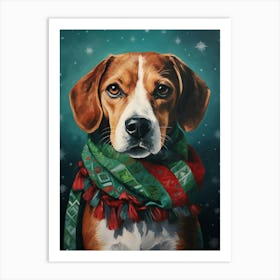 Folk Art Of A Beagle Wearing A Christmas Scarf Art Print