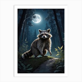 Raccoon In The Woods in Moonlight Art Print