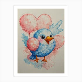 Blue Bird With Balloons Art Print