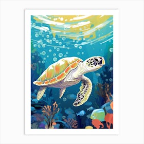Block Colour Turtle Swimming Aqua 3 Art Print