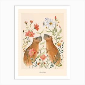 Folksy Floral Animal Drawing Capybara 2 Poster Art Print