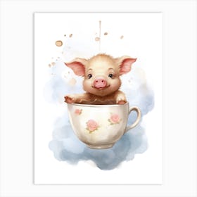 Baby Tea Cup Pig Flying With Ballons, Watercolour Nursery Art 4 Art Print