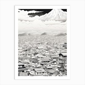 Tokyo In Japan, Ukiyo E Black And White Line Art Drawing 3 Art Print