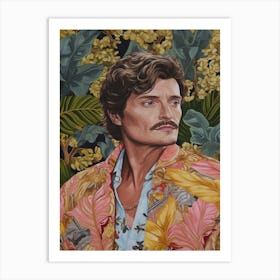 Floral Handpainted Portrait Of Pedro Pascal 1 Art Print