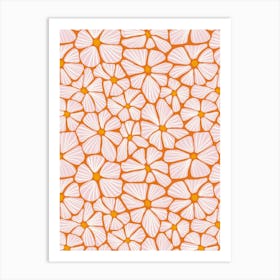 Flower Mosaic Textured Blooming Florals - Orange, Pastel Pink, Gold Art Print