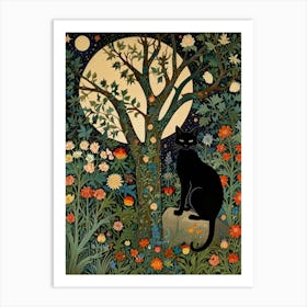 Cat In The Moonlight Style William Morris 7 Art Print