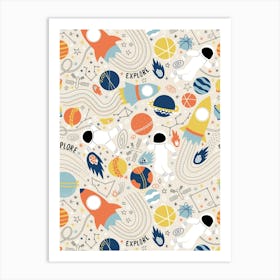 Explore Outer Space - Beige, Blue, Yellow and Orange Universe Kids Art Print