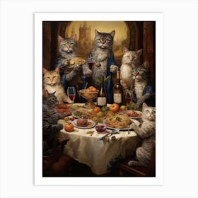 Medieval Cat Banquet With Castle In The Background Art Print