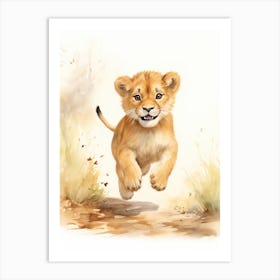 Running Watercolour Lion Art Painting 3 Art Print