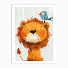 Small Joyful Lion With A Bird On Its Head 22 Art Print