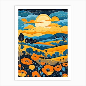 Cartoon Poppy Field Landscape Illustration (31) Art Print