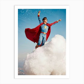 1980s Style Superhero Clad In Vintage Pilot Attire Soaring Above Cloud Banks Cotton White Cumulo (2) Art Print