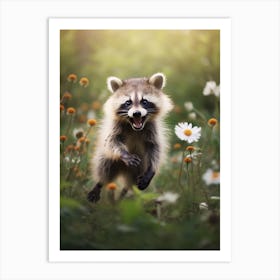 Cute Funny Common Raccoon Running On A Field Wild 2 Art Print