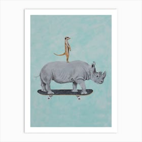 Rhinoceros And Meerkat Skateboarding Art Print