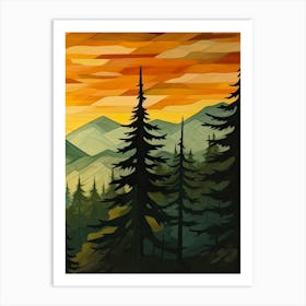 Green Sun Forest Mountain Painting Triptych 3 Art Print