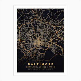 Baltimore Maryland USA Black And Gold Map Art Print