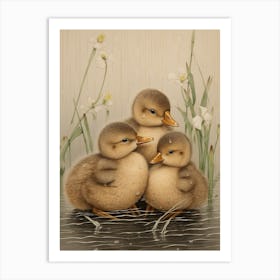 Ducklings In The Rain Japanese Woodblock Style 1 Art Print