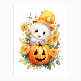 Cute Ghost With Pumpkins Halloween Watercolour 43 Art Print
