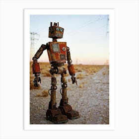 Rusty Toy Robot Standing Amidst A Sprawling Desolate Wasteland Eroded Structures Faintly Visible In Art Print