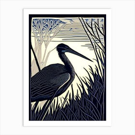 Black Heron Vintage Linocut 2 Art Print