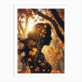 Silhouette Of Woman In Autumn Forest Art Print