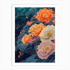 Elegant Floral Art with Peonies and Abstract Waves - Stunning Decorative Wall Art Design Art Print