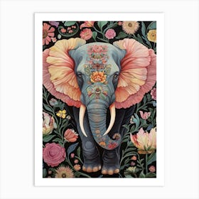 William Morris Elephant Pink Flowers Vintage  Art Print