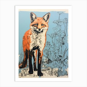 Red Fox, Woodblock Animal Drawing 4 Art Print