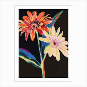 Neon Flowers On Black Gerbera Daisy 1 Art Print