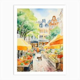 Food Market With Cats In Amsterdam 2 Watercolour Art Print