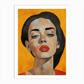 Woman's Portrait with Red Lips on a Yellow Background. Art Print