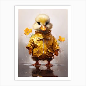 Duckling In A Yellow Raincoat With Flowers 2 Art Print