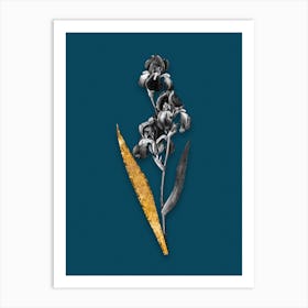 Vintage Dalmatian Iris Black and White Gold Leaf Floral Art on Teal Blue n.0536 Art Print