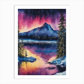 The Northern Lights - Aurora Borealis Rainbow Winter Snow Scene of Lapland Iceland Finland Norway Sweden Forest Lake Watercolor Beautiful Celestial Artwork for Home Gallery Wall Magical Etheral Dreamy Traditional Christmas Greeting Card Painting of Heavenly Fairylights 4 Art Print