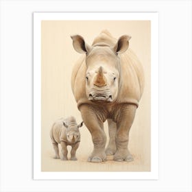 Rhino & Baby Rhino Sepia Illustration 3 Art Print