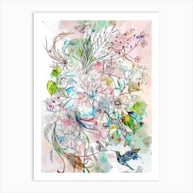 Flowers And Hummingbird Art Print