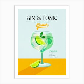 Minimal Gin and Tonic British Cocktail - Aqua and Orange 1 Art Print