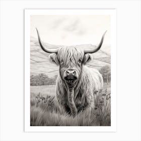 Black & White Illustration Of A Highland Cow Art Print